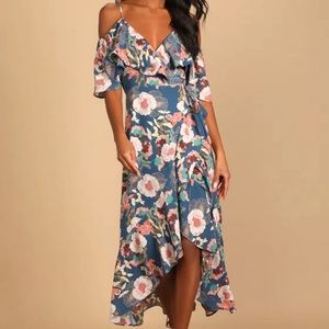 Fully Bloomed Blue Floral Print Off-the-Shoulder Maxi Wrap Dress
